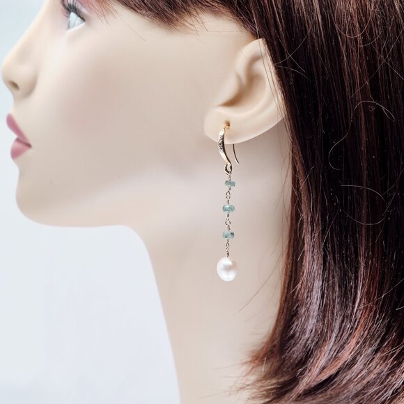 Pearl & Paraiba Tourmaline Earrings, 14K Gold Filled Hammered French Hooks - Picture 6 of 8